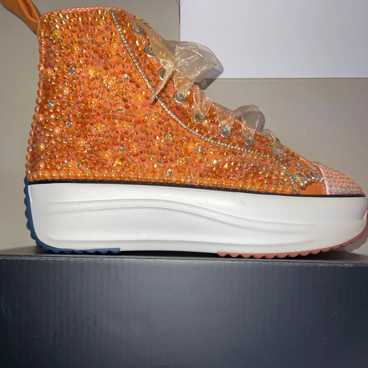 Orange-Rhinestone Bling Platform Sneakers