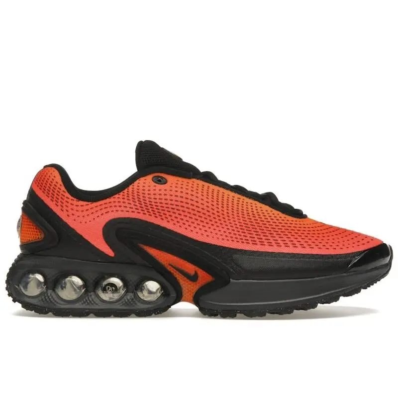 Nike Air Max Dn Total Orange Bright Crimson Dark Smoke Grey Black Sneakers – Modern Lifestyle Shoes Featuring Dynamic Air Cushioning Technology, Bold Orange and Crimson Accents, Sleek Dark Smoke Grey and Black Design, Lightweight Comfort