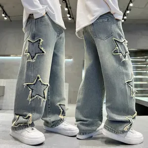 Mid-large Children's Five-pointed Star Jeans, Embroidered Patch Design-sensing Straight Loose Pants, Personality Big Fashionable And Cool Universal Casual Pants For Boys Girls Denim Plus Size