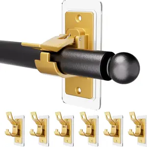 6PCS Self Adhesive Curtain Rod Bracket, No Drilling Curtain Rod Holders, 20lbs Load Capacity Golden Hangers for Bathroom, Living Room, Kitchen