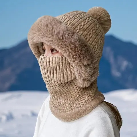 Outdoor Activity Beanie Scarf - Plush Stretch Twist Knit One Piece with Pom Pom Windproof Neck Warmer​