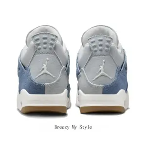 Denim Blue & Off-White Color Block Denim & Mesh Mid-Top Sneakers, Retro Gum Sole Air Cushion Shock-Absorbing Wear-Resistant Casual Basketball Shoes