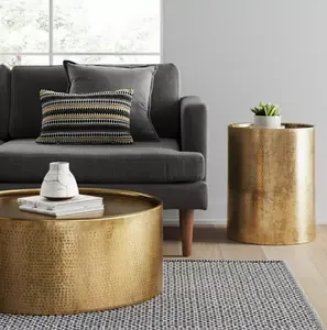 Manila Round Hammered Drum Coffee Table Brass Modern Luxury