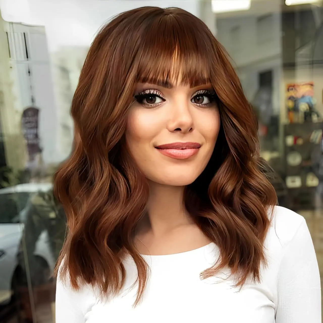 Short Wavy Wig with Bangs for Women Shoulder Length Bob Curly Women's Charming Synthetic Natural Wavy Brown highlight Heat Resistant Hair for Daily Party Use