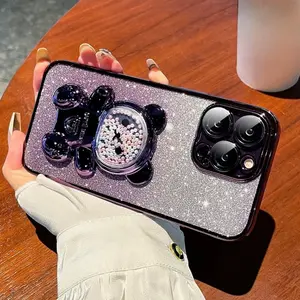 Glitter Decor Phone Case with Camera Lens Protector & Bear Design Stand, Cute Phone Protective Cover, Phone Accessories Compatible with iPhone 11 12 13 14 15 16 Series