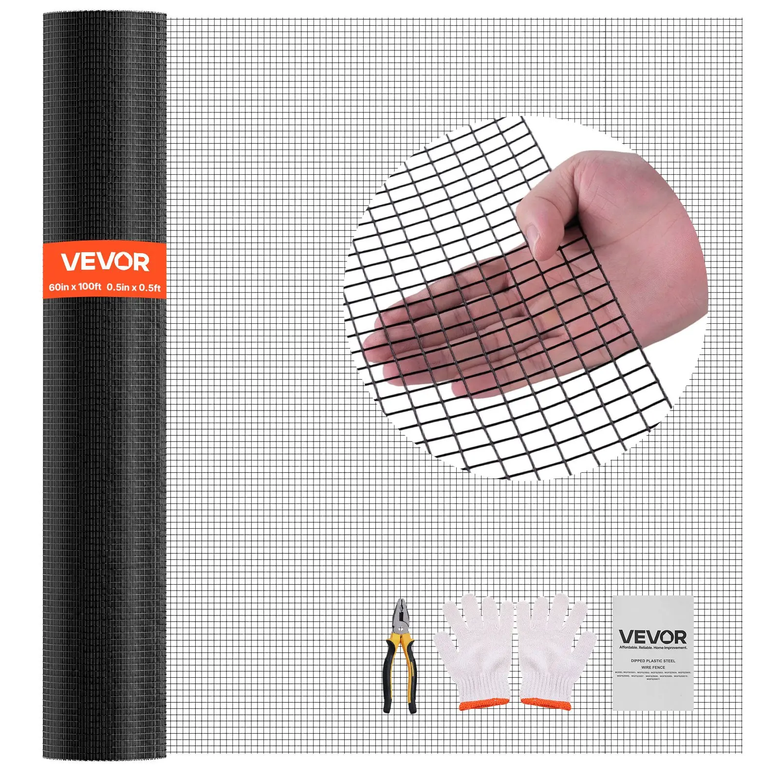 VEVOR Galvanized Wire Mesh Roll, 60 in x 100 ft 0.5 in x 0.5 in 19 Gauge Double Coated Weather-Resistant Vinyl Cloth, Heavy Duty Welded Fencing for Gardens, Durable Against Sun Rain Seasonal Wear (Pair with Cut-Resistant Gloves)