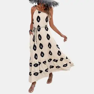 PrettyGarden Women's One Shoulder Spaghetti Strap Printed A Line Flowy Boho Maxi Long Sundress