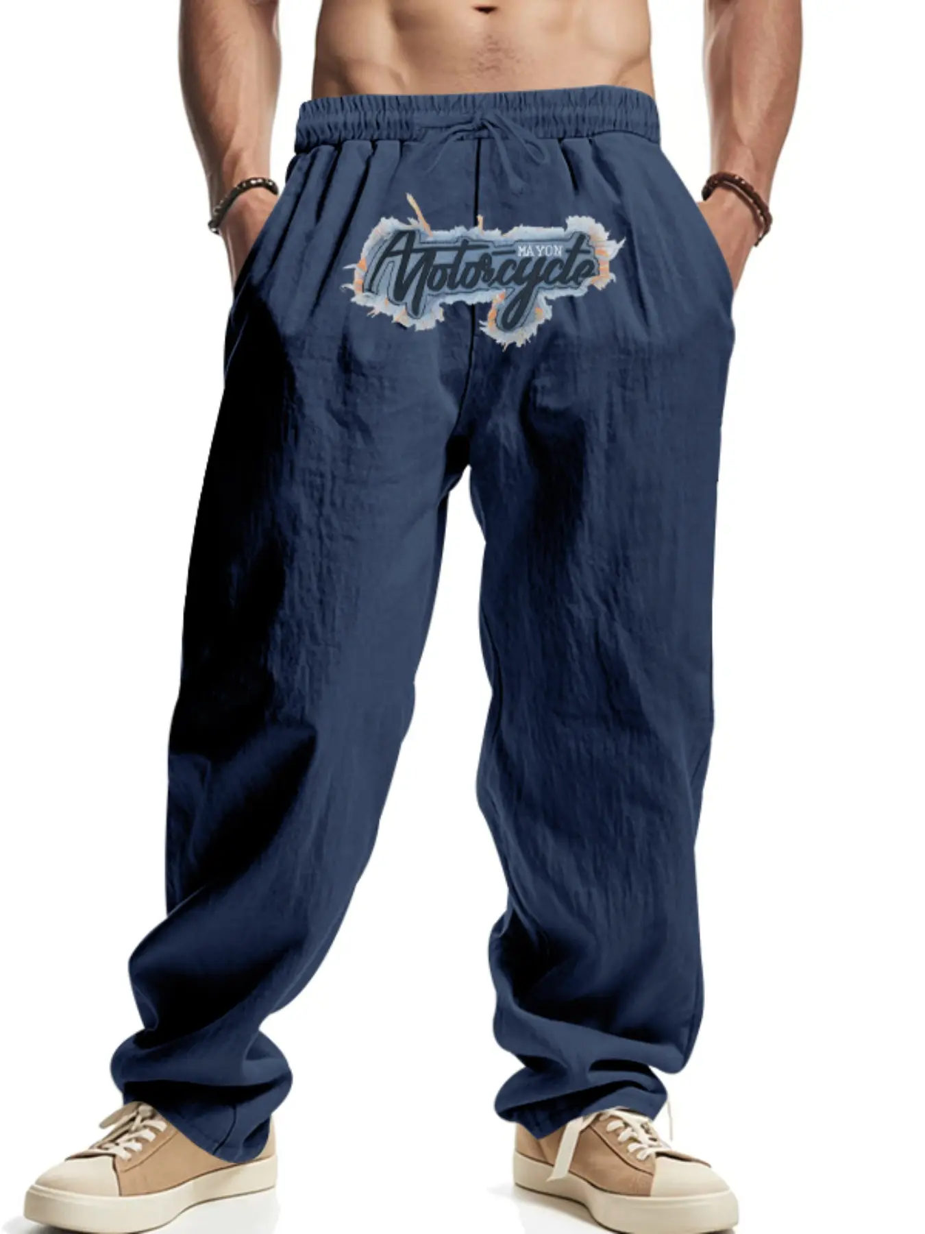 Men's Fashion Linen Loose Fit Wide Leg Jogger Pants, High Street Style Embroidered Washed Casual Sports Long Trousers