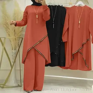 Women’s Eid Muslim Set – Solid Blouse and Wide-Leg Pants, Ramadan Outfit from Morocco, 2-Piece Dubai Kaftan, Loose and Modest