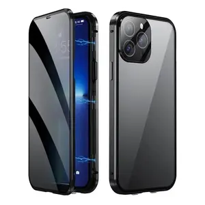 Double Glass Anti-Peep Privacy Metal Magnetic Case For iPhone 16 15 14 13 12 11 Pro Max Plus 16E Lens Protection Snap Lock Cover