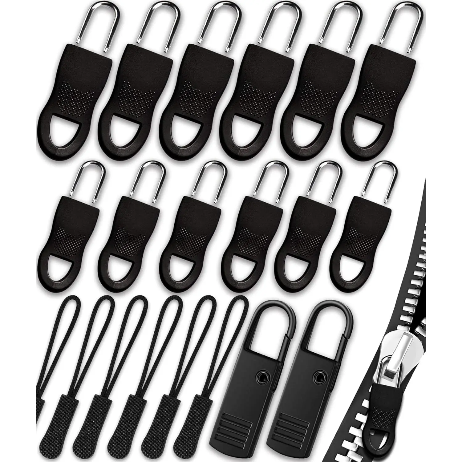 Zipper Pull, Universal Zipper Pull Replacement, Broken Replacement Zippers Pull (20 Pcs), Black Zippers Pull Handle for Jackets, Luggage, Backpacks, Purses, Boots, Pants, Tents, (3 Styles 4 Sizes)