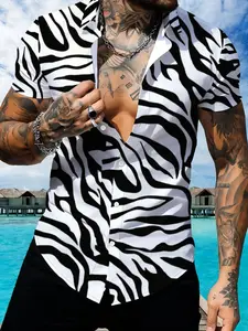 Men's Zebra Print Short Sleeve Shirt, Summer Casual Fashion Printed Blouse, Slim Trendy Top