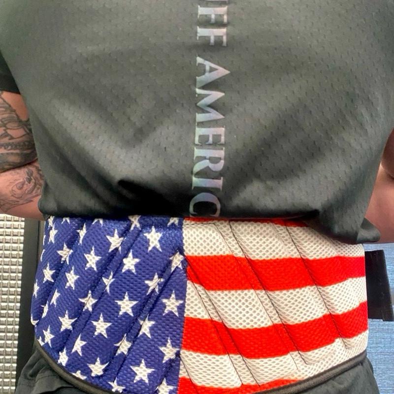 BUFF American Neoprene Weight Lifting Belt 6 Inch Width with American Flag Design and Adjustable locking strap.