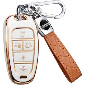 for Hyundai Key Fob Cover with Keychain, Premium TPU Key Case Shell for 2024 2023 2022 Hyundai Sonata, Tucson, Santa Cruz, Remote Smart Car Key Fob Protector(5 Buttons Ivory)