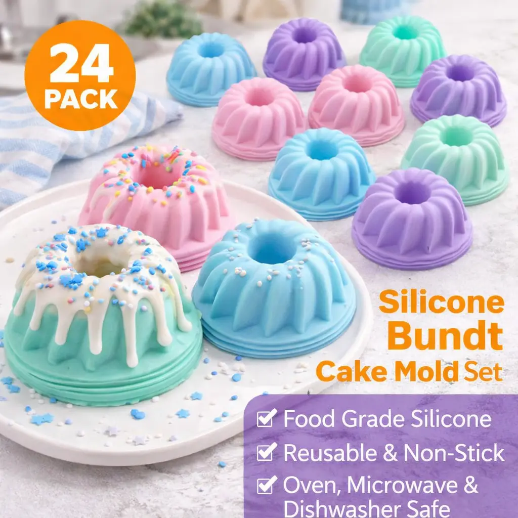 Silicone Baking Cups 24 Pack – Mini Nonstick Silicone Cake Molds, Reusable Cupcake Liners BPA Free for Muffins, Jelly, Dessert, Fancy Baking Tray for Home Kitchen