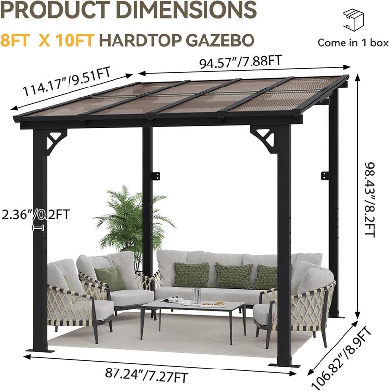 Aoxun 8’x10’ Gazebo Wall Mounted Pergola for Outdoor Patio, Decks, Backyard - Heavy Duty Awnings, Black, Clearance
