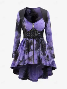 Rosegal Gothic Tie Dye Lace Up Full Zipper Corset High Low T-shirt