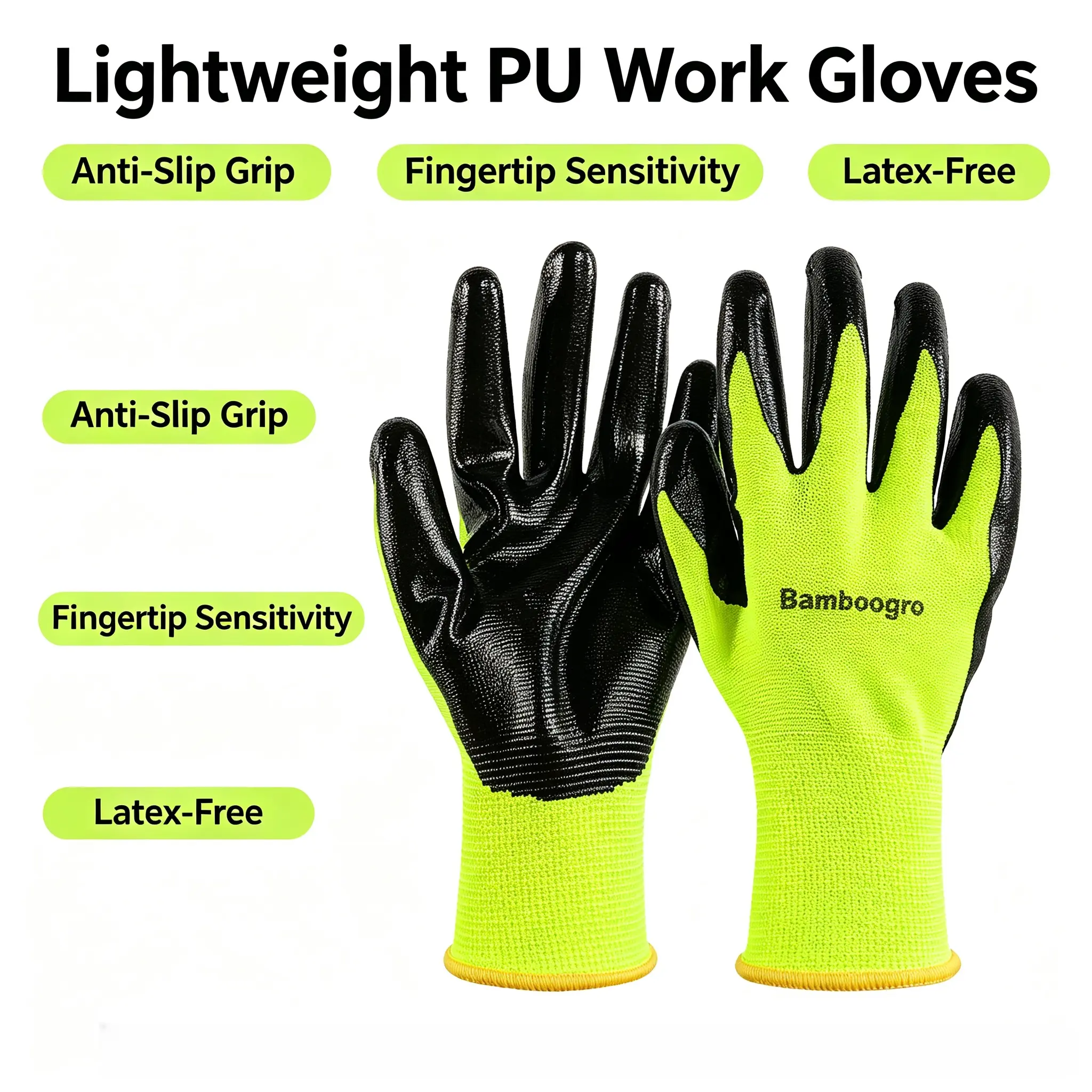 50 Pairs Green PU Coated Seamless Knit Safety Work Gloves - Smooth Palm & Finger Grip, Ideal for Light General Duty Work, Gardening, Construction
