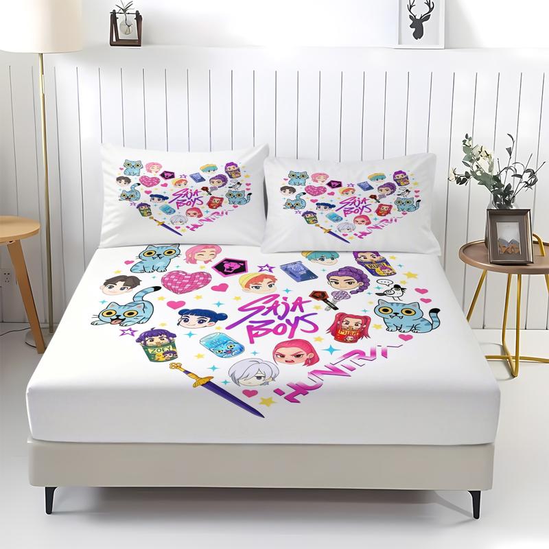 K-Pop Demon Hunters Fitted Sheet Set, Decorative Bedsheet Sets, 1 Fitted Sheet and 2 Pillowcases Without Inner Core, Fashionable Girl Group and Star Magic Element Bedding, Soft Breathable Fabric, Ideal for Bedroom and Dormitory Use #TOP PICKS