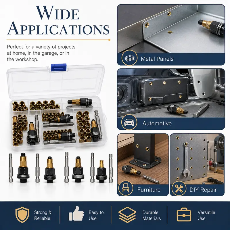 Rivet nut adapter kit for metal panels automotive furniture and DIY applications