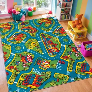 Cartoon City Pattern Floor Mat, 1 Count Non-slip Soft Floor Carpet, Rectangle Home Decorative Mat for Living Room Bedroom Nursery, Cartoon Pattern Rug