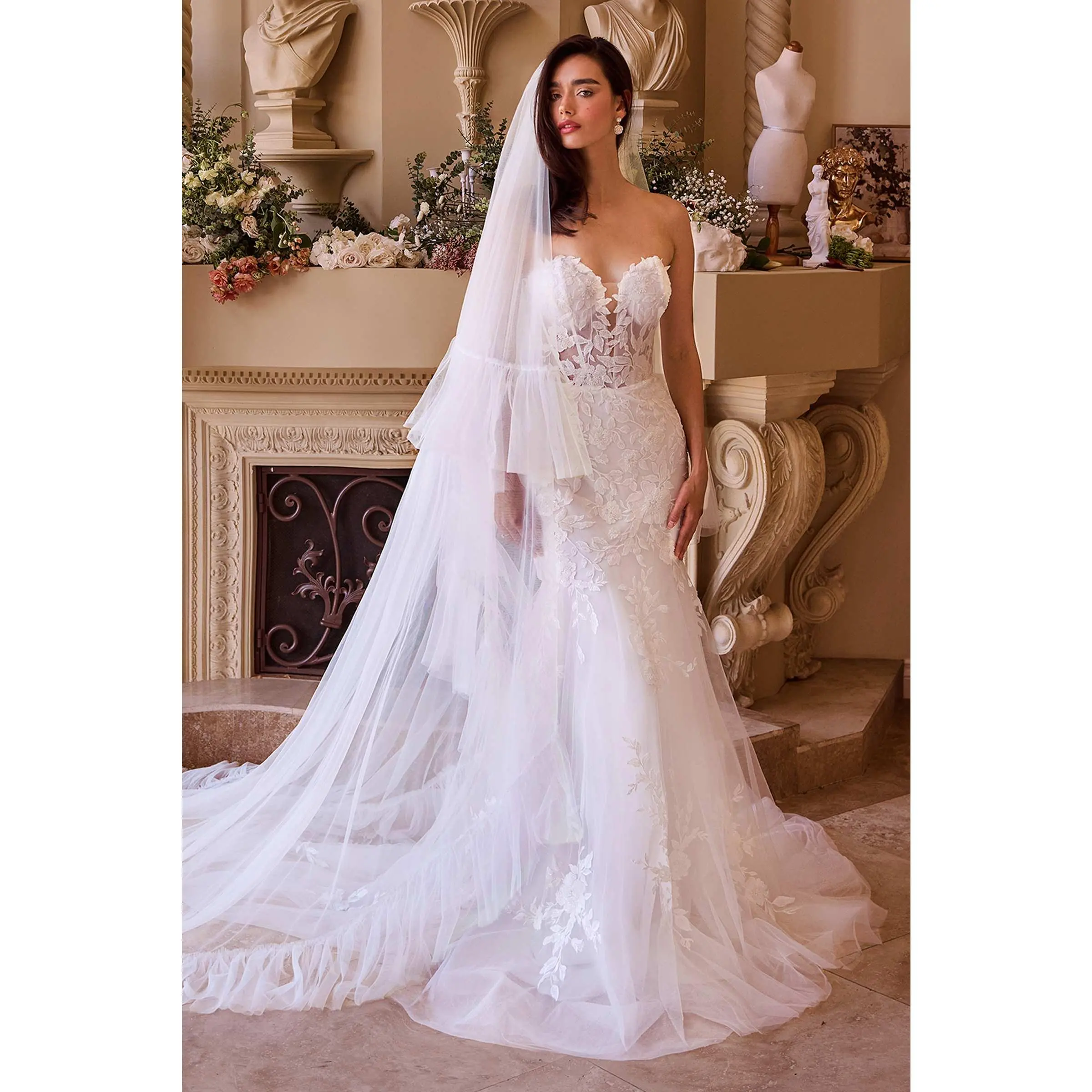 Women's Wedding Veil, Couture Ruffled Tulle 2-Tier Cathedral Length with 30" Shortest Layer and Comb Attachment, Shortest Layer Length, Veil Length