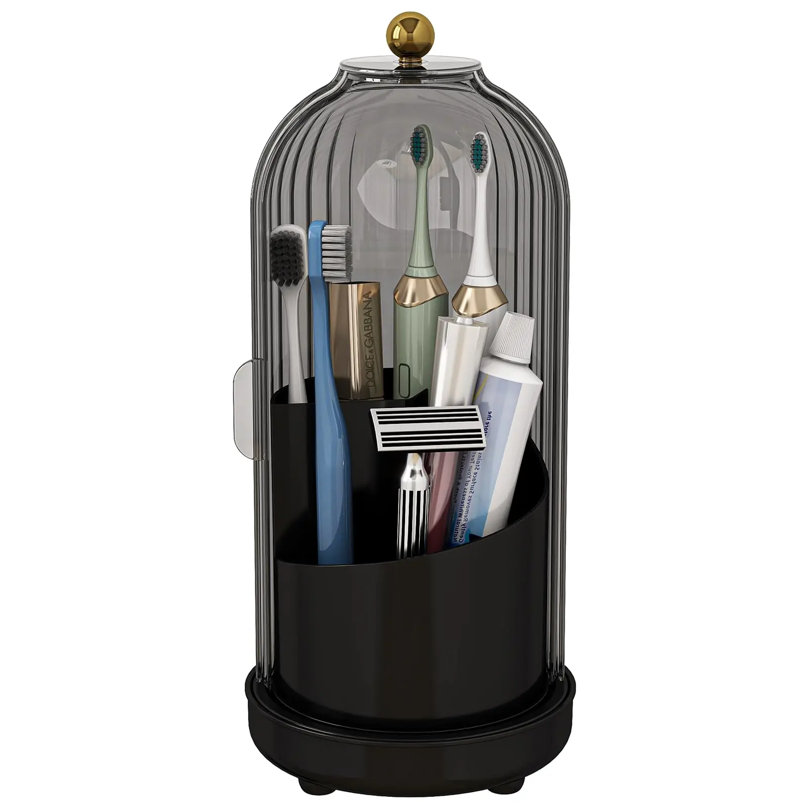 Black Plastic Household Toothbrush Holder with Dustproof Cover - 360-Degree Rotating, 3-Slot, Drainage Design - Bathroom Countertop Vanity Organizer for Electric & Manual Toothbrushes, Home, Toothbrush Holders For Bathrooms