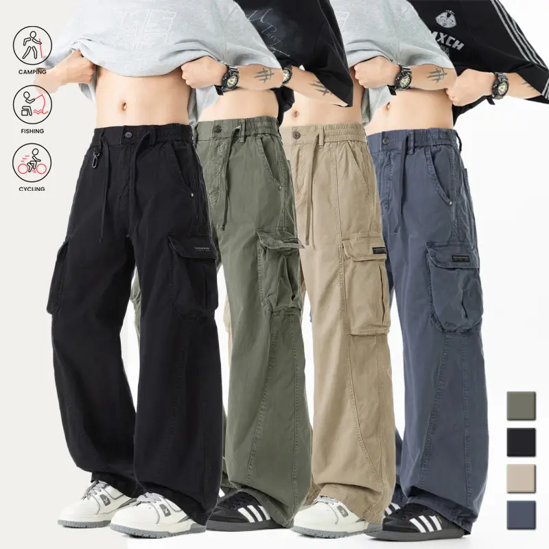 Men’s cargo pants made from washed cotton, straight wide-leg casual streetwear trousers. The washed cotton finish gives the fabric a natural worn look, with an American retro aesthetic, and each piece features unique textures.