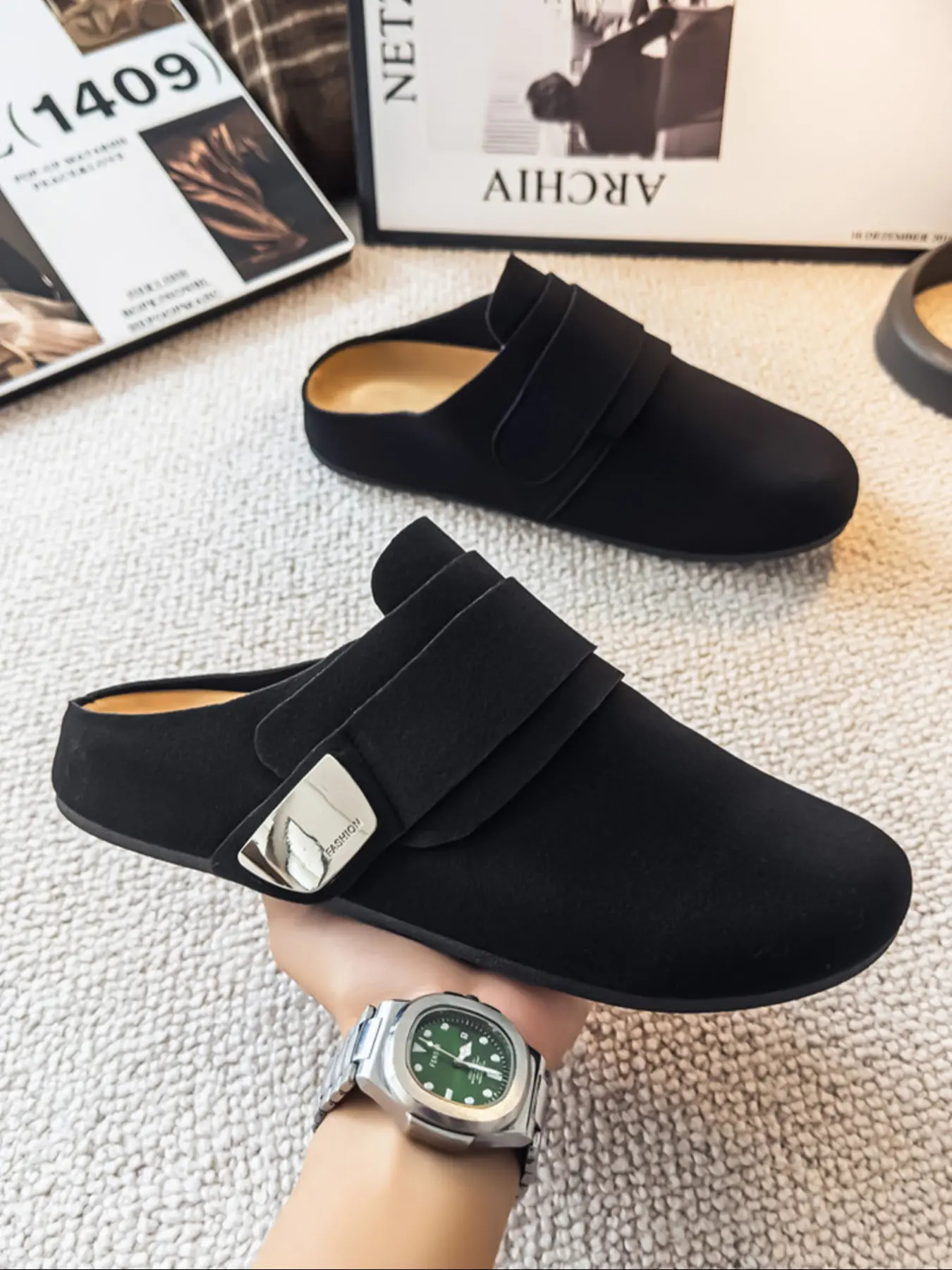 Unisex PU Leather Half Slipper Mules, Casual Round Toe Slip-On Shoes, Comfortable Rubber Sole, All Season Wear, Youth Outdoor Work Daily Use, Non Slip Mules