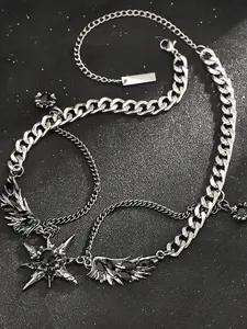Dark Style Star Wing Double Layer Cuban Chain Necklace, Sweet Cool Girl Accessory, Trendy Jewelry for Fashionistas