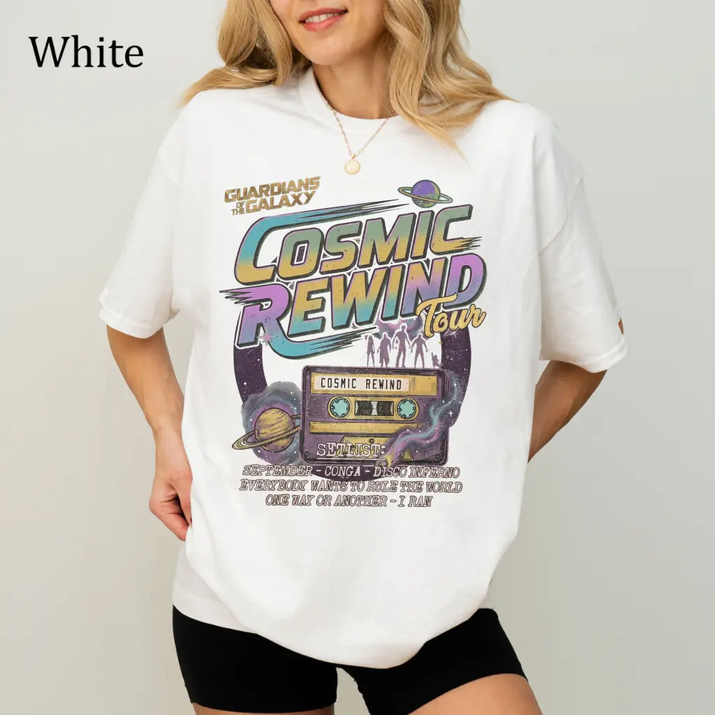 Galactic Star-Bound Tour Shirt, Playful Retro Interstellar Mix Graphic Tee, Aesthetic Space Journey Set List Top, Trendy Awesome Mix Volume Retro Shirt