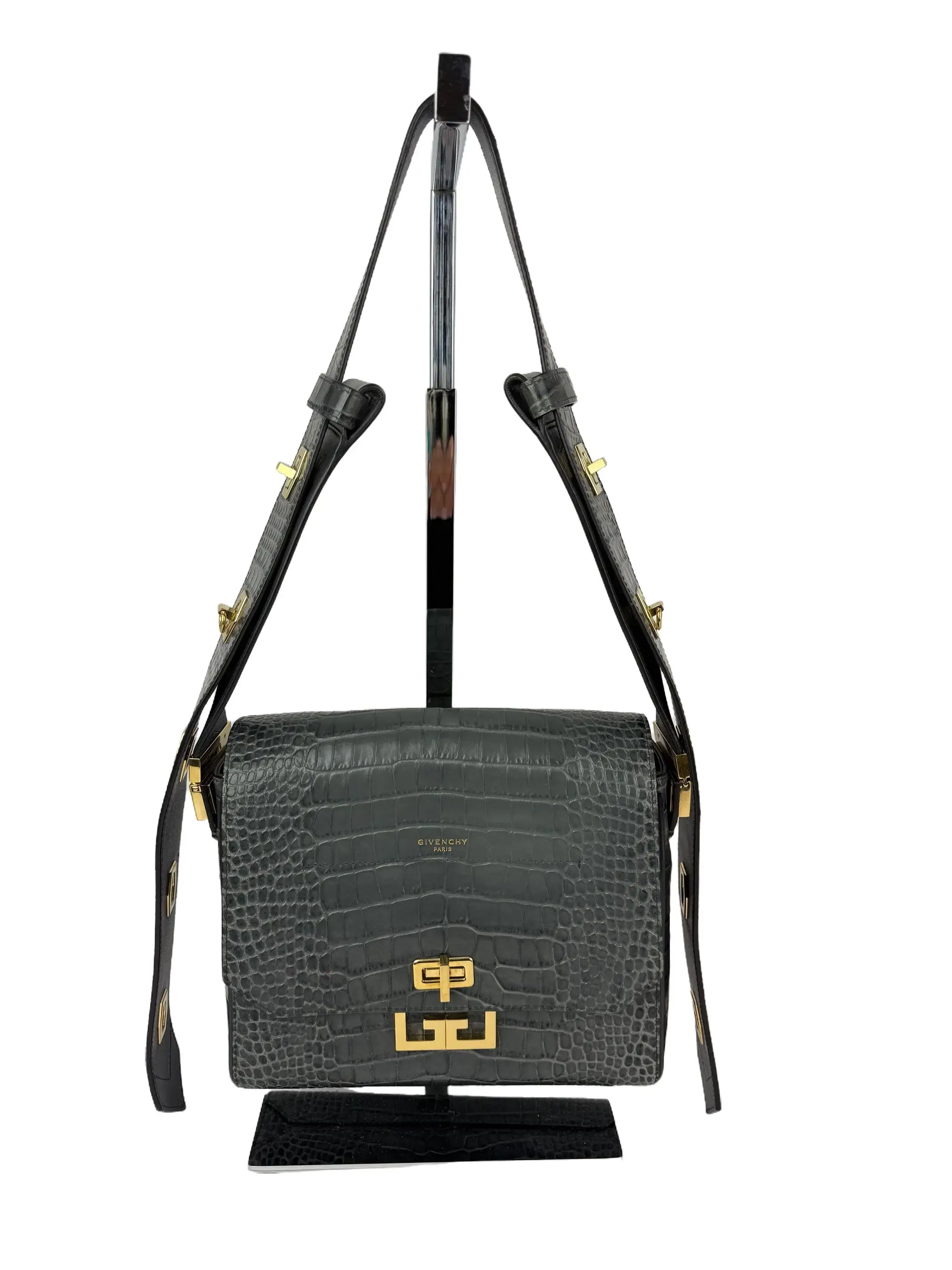 Pre-owned GIVENCHY Embossed Crossbody Bags Medium Eden Leather Crocodile Crossbody Shoulder Bag with Burgundy & Gold Strap, Storm Gray, Shoulder Bags
