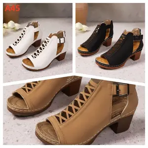 A45-Women's Black Stacked Heeled Cutout Sandals Ankle Buckle Chunky Heel Open Toe Booties Summer Fashion Dress Block Heel Sandal