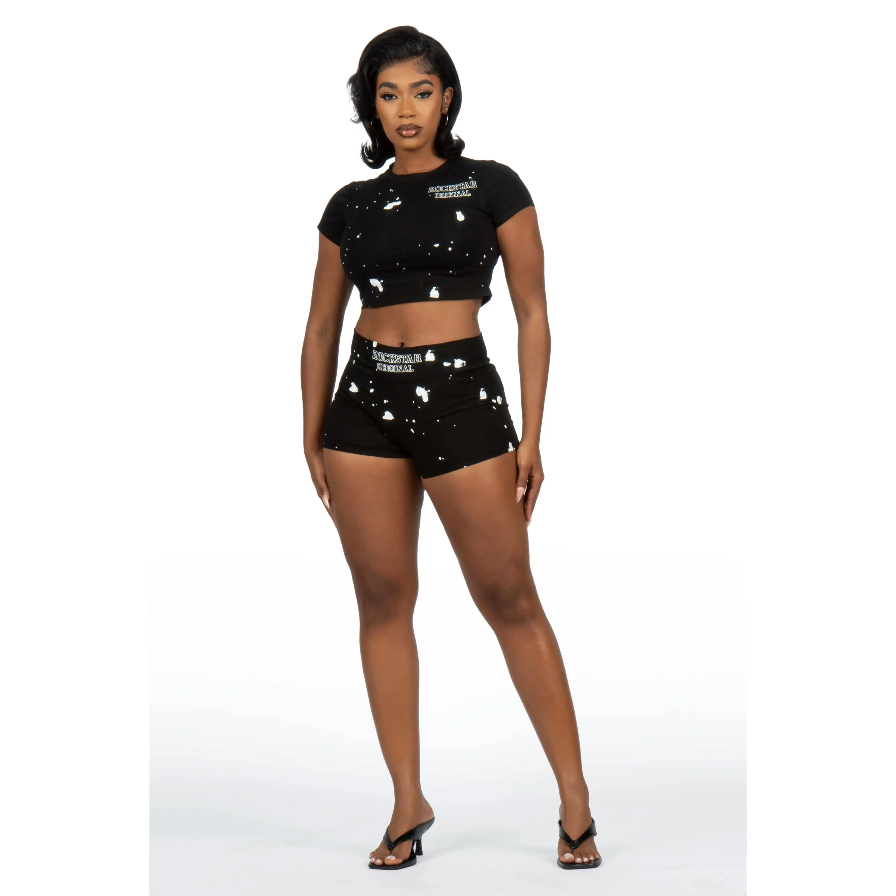 Alliesha Black Painted Baby Tee Hot Short Set