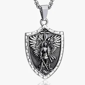 Michael the Archangel Psalm 27:1 Engraved Shield Necklace with Men’s Stainless Steel Chain