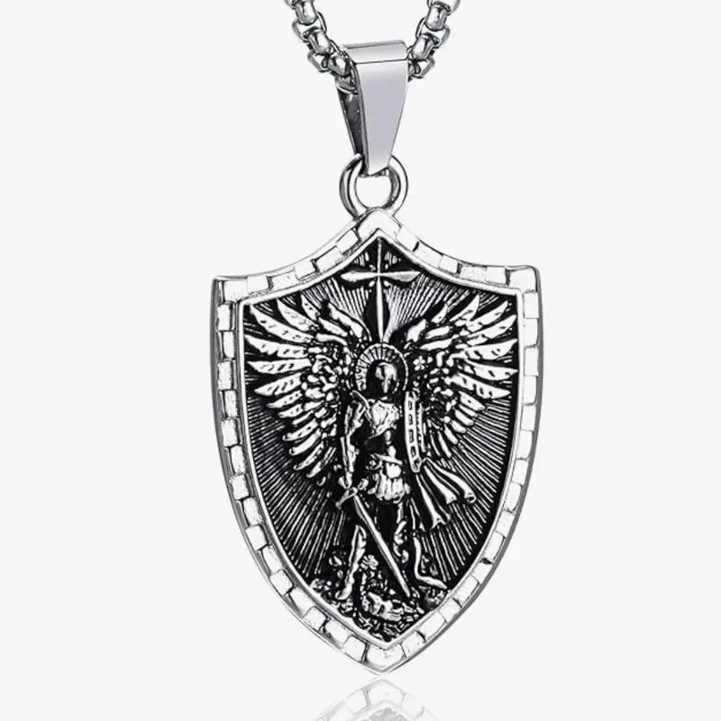 Men’s Religious Necklace, Michael the Archangel Psalm 27:1 Engraved Shield Necklace with Stainless Steel Chain