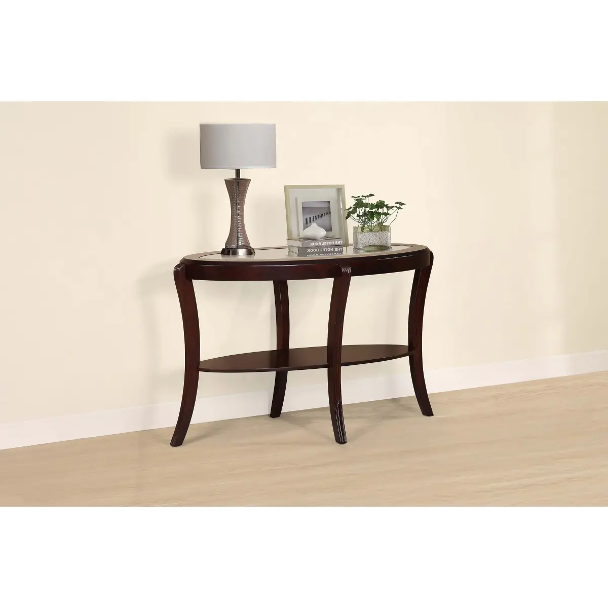 Console Table Espresso / Dark Chey Traditional 1pc Sofa Table w 5mm Tempered Glass Under-Table Shelf Storage Living Room