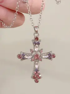 Rhinestone Decor Cross Pendant Necklace, 2024 New Fashion Y2k Matching Necklace for Women, Exquisite Jewelry Gifts for Girlfriend for Lovers Day Decor, Holiday Gifts, Trendy Accessories for Party, Daily Wear