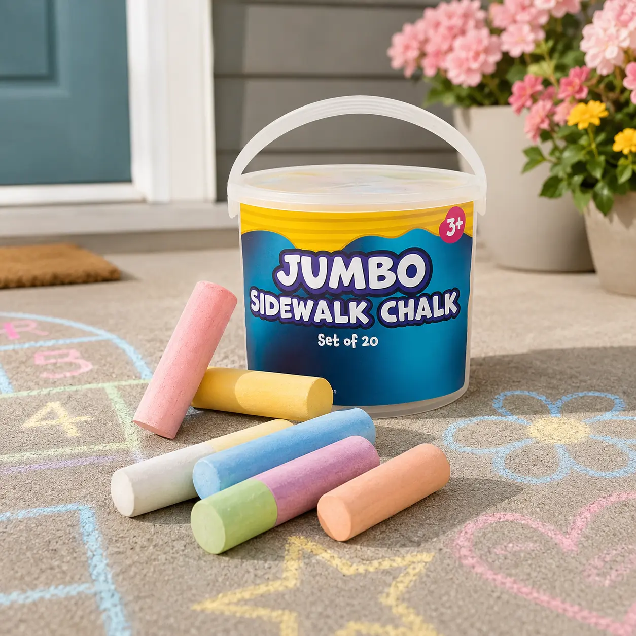 Jumbo Sidewalk Chalk Set for Kids, 20 Pieces in 9 Colors, Washable, Non-Toxic Outdoor Art Chalk