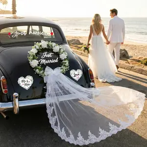 Just Married Car Decorations Set – White Floral Wreath with Long Tulle, Static-Cling Window Decal, Magnetic "Mr & Mrs" & "Love" Heart Signs – Elegant Wedding Getaway Car Decor Kit