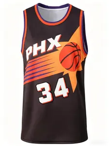 Men's Sun Pattern Basketball Jersey, Sleeveless Mesh Breathable Sports Tank Top, Vintage Streetwear Training Team Uniform, Sports Tops