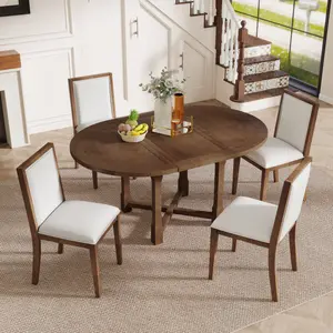[SOIYELIFE]  5-Piece Extendable Dining Table Set for 4, Round Dining Table for 4 with Upholstered Chairs, Farmhouse Kitchen Table Set with Removable Leaf for Dining Room and Kitchen (Brown),Unique furniture