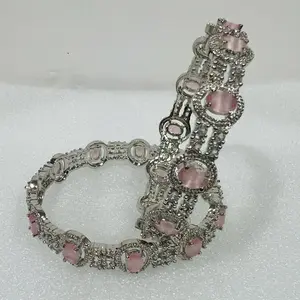 AD bangles set with Pink Stones and Silver Tone Elegant Design for Women