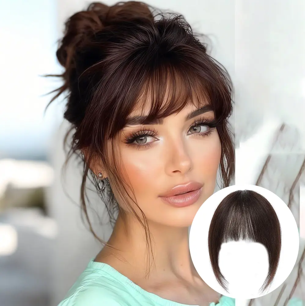 VOSILK Clip in Bangs for Women, Soft Nut Brown Curtain Fringe with Temples, Realistic Face Framing Premium Synthetic Hairpieces for Daily Wear or Cosplay, Face Framing Bangs, Premium Synthetic Hair