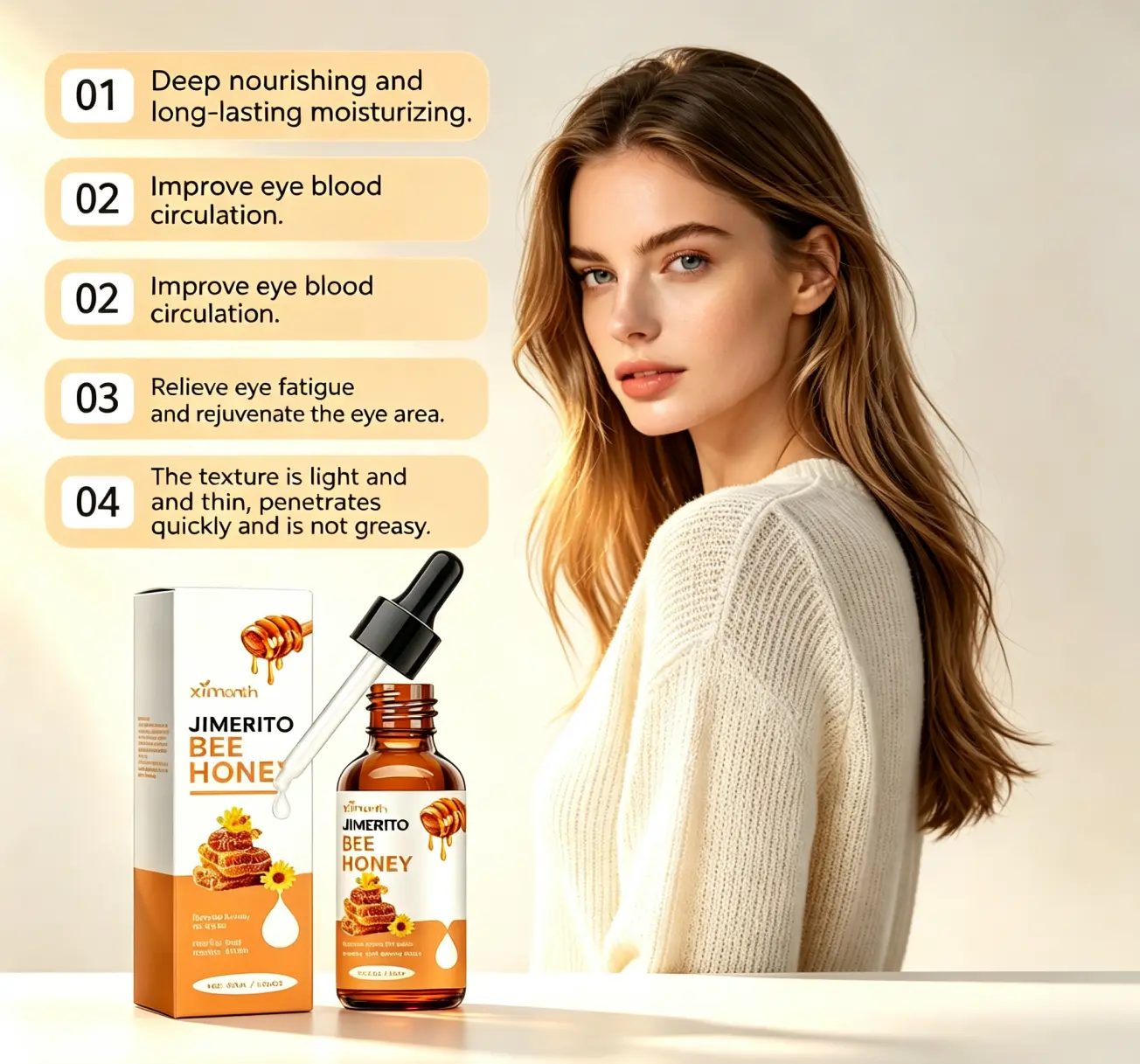 Honey eye drops—a refreshing, moisturizing, and soothing eye solution suitable for dry, tight eyes; an anti-eye fatigue care serum; also effective for the neck area; makes a great gift; ideal for middle-aged users.