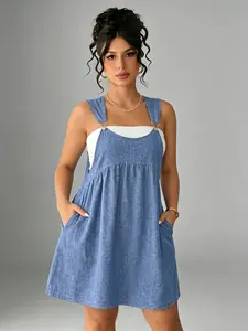 Women's Plus Size Overall Dress Lightweight Denim-Look Pinafore Dress Summer Casual Baggy Suspender Short Skirt with Pockets (Not Heavy Denim) 2026
