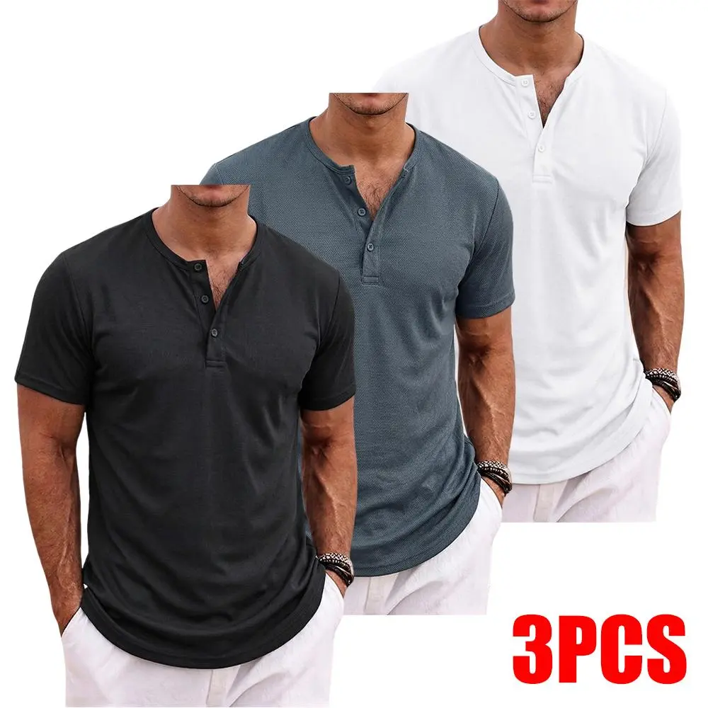 3-pack men’s solid-color Henley crew-neck short-sleeve T-shirts, suitable for fitness and exercise, featuring a button design; men’s casual tops suitable for everyday wear, Workout, Tshirt