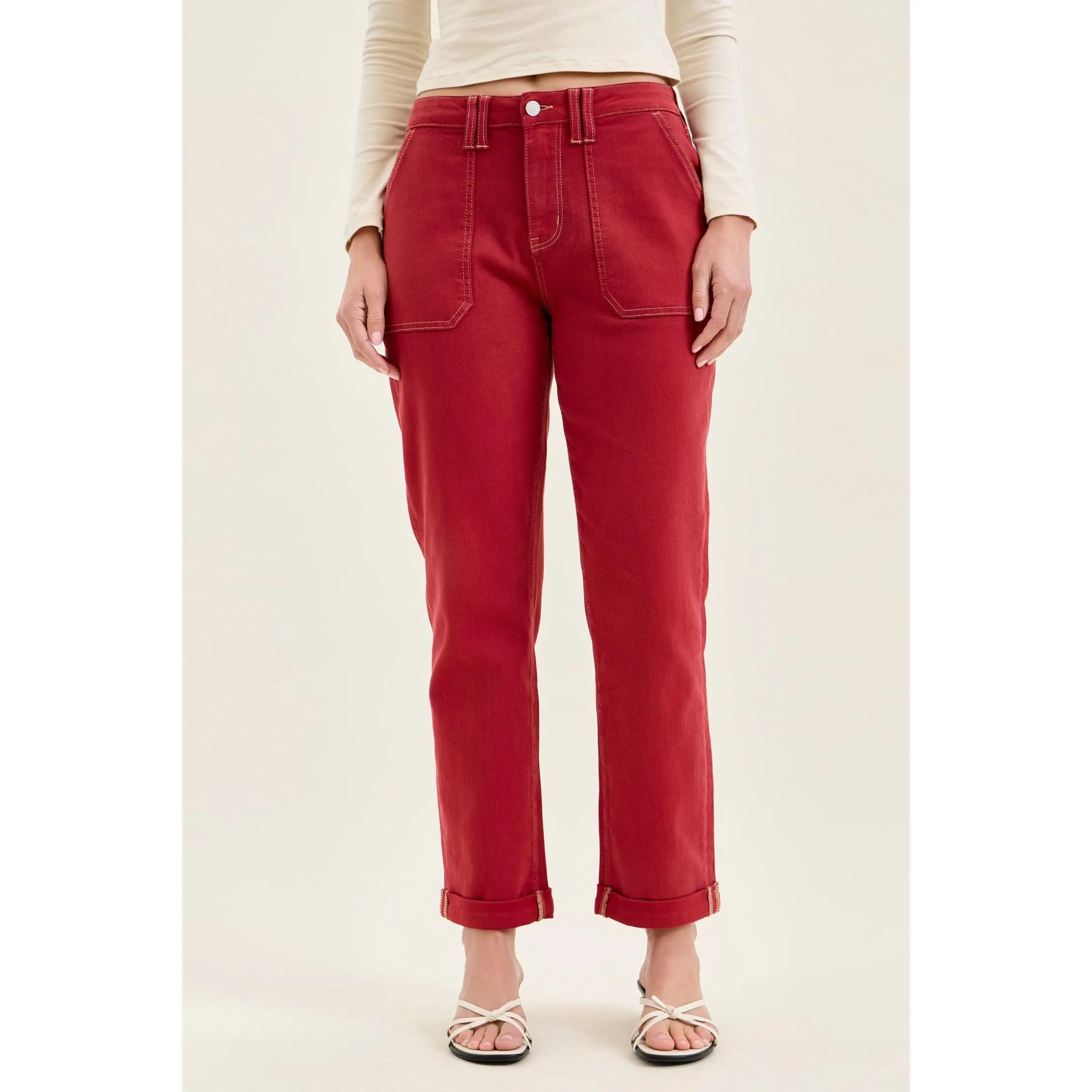 Judy Blue Women's Cuffed Aurora Weekender Jogger Jeans - Fitted High Waist Slim Straight Stretchy Spandex Breathable Denim Bottom Pants, Garment Dyed Haute Red Casual Style, Bottoms, Straight Fit Jeans, High Waisted, Sporty Chic, Elastane, Pockets, All Se