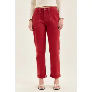 Judy Blue Aurora Weekender Jogger Jeans | Women's High Waist Cuffed Slim Straight Stretch Denim in Garment Dyed Haute Red with Utility Pockets, Jeans With Pockets