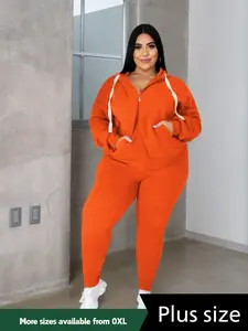 USBOUTIQUECHIC Women's Plus Size 2-Piece Solid Sweater Set - Long Sleeve V-Neck Breathable Fabric Sweatshirt, Drawstring Waist Pocket Trousers for Fall Winter Casual Womenswear